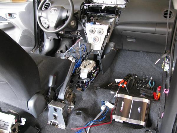 Test of the: line output converter, and all the wires run for the amp and rear speakers. Yeaaa! It works! I still need to run the speaker wires for the fronts. Now I need to put it all together the right way.