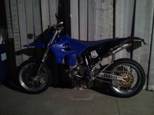 My Yamaha WR450 Supermoto. Formally a racebike. Still is a racebike, with lights now. I just stopped racing. For my own good. Now I just commute and stunt. I suppose that means I am maturing?